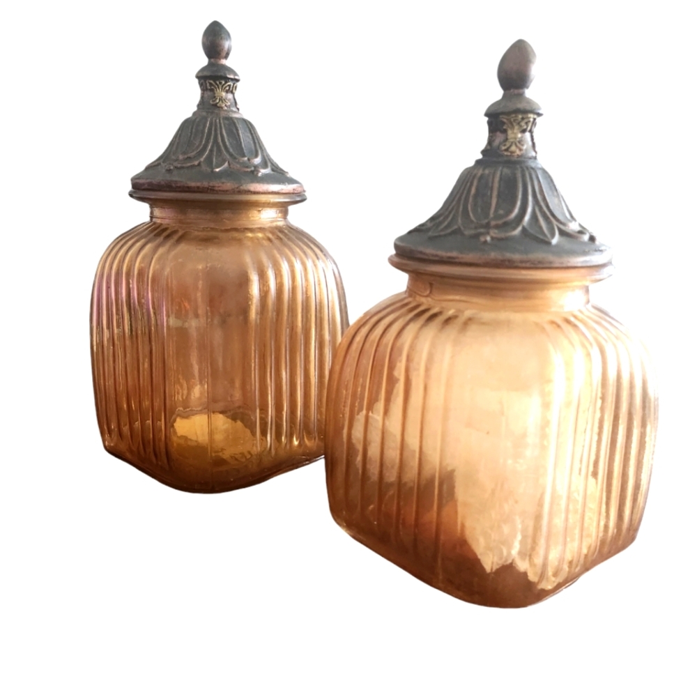 Set of 2 Vintage Amber Ribbed Glass Canister/Jar with Ornate Lid 11" Tall